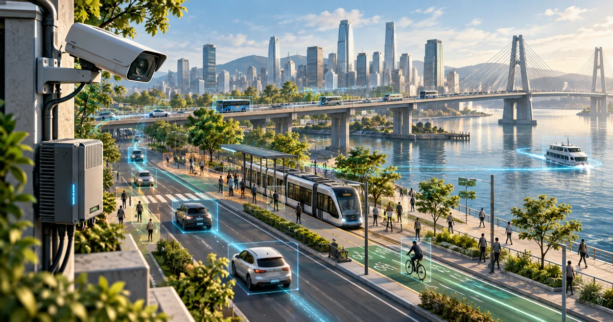明亮的未來濱水城市裡,道路、橋梁與建築自然整合分散式感測與邊緣運算,呈現視覺 AI 成為日常基礎設施的場景