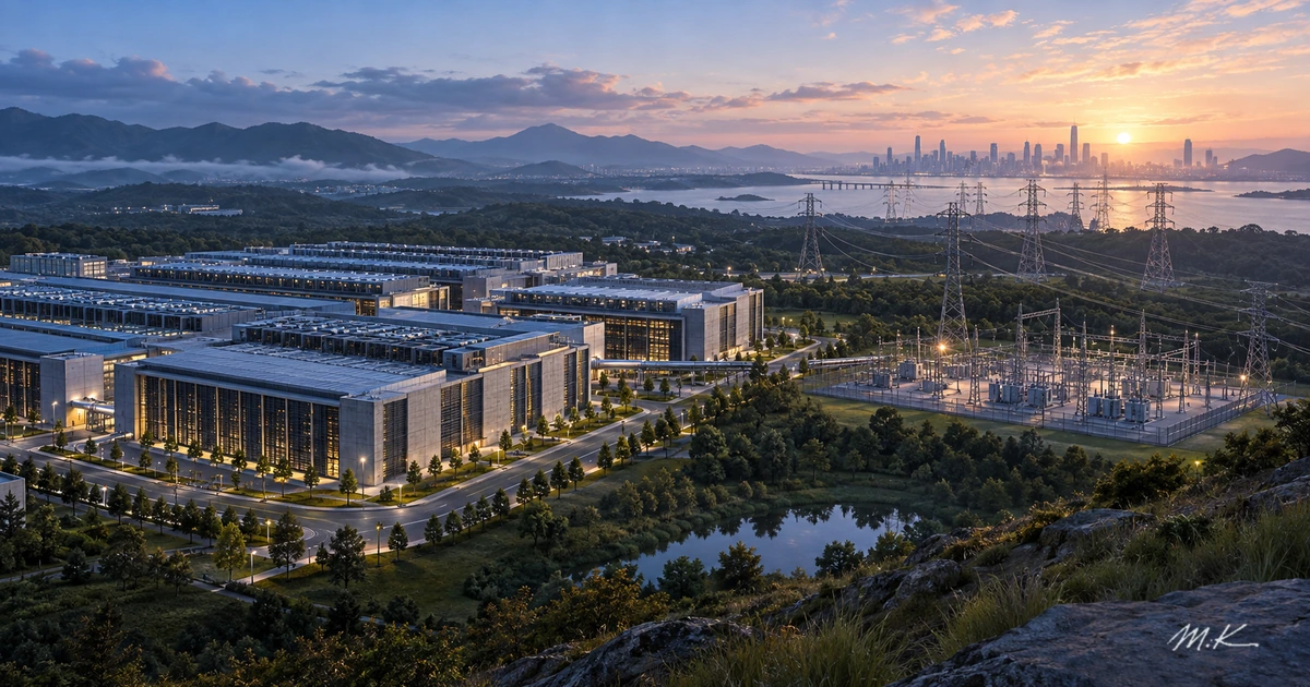 晨光中的資料中心園區、變電站與遠方城市,呈現算力建設與公共電網的連結